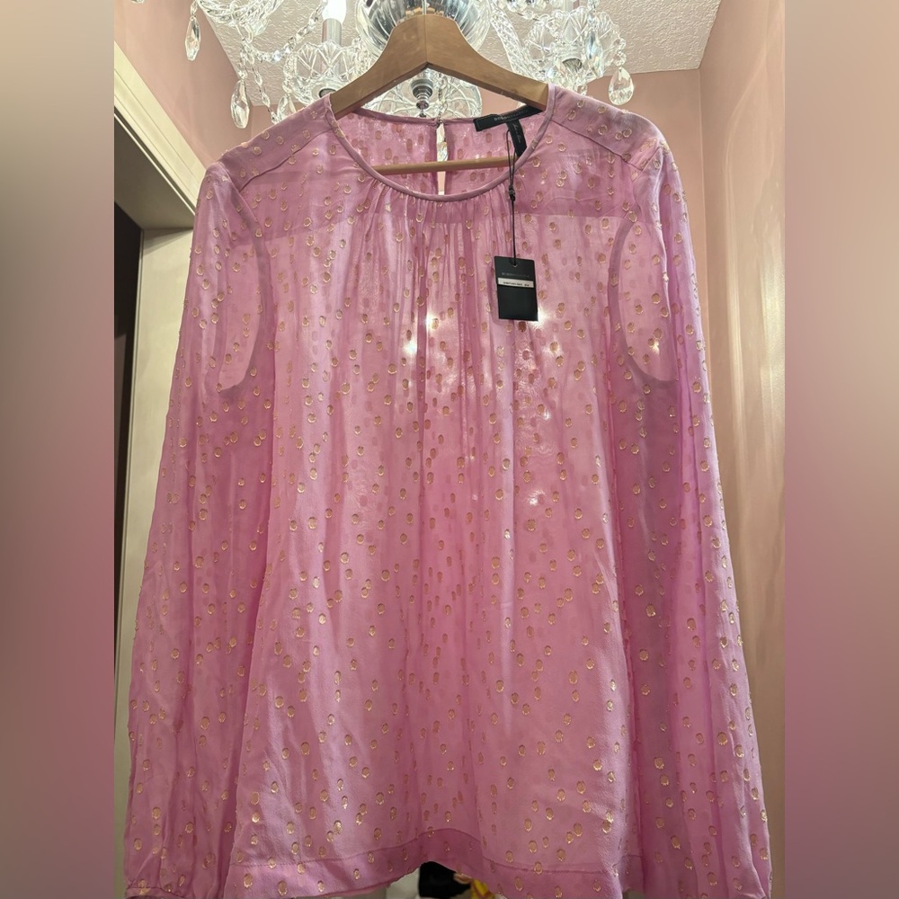 BCBG NWT Pink Sheer Silk Blend Blouse with Gold